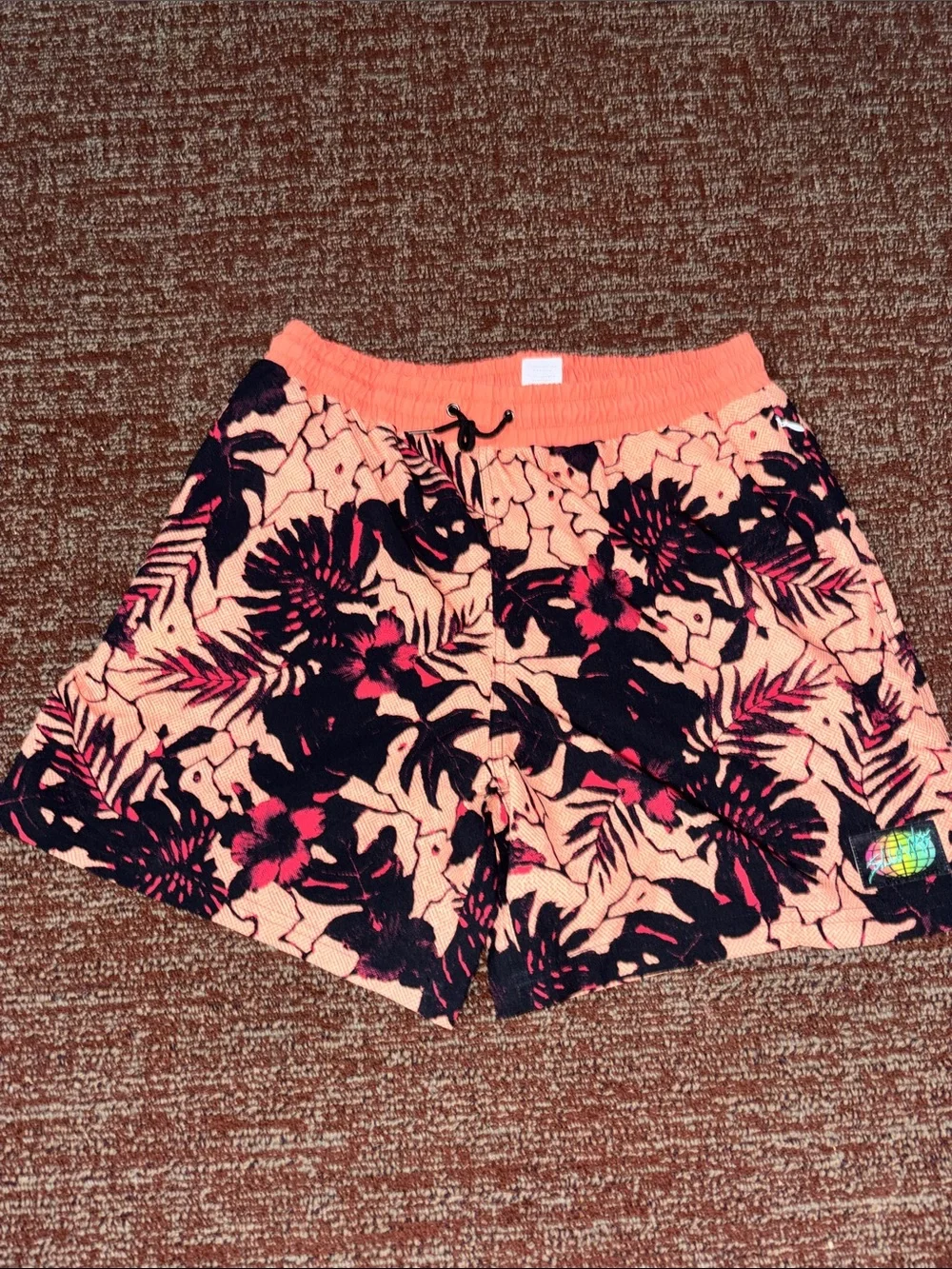 Slunks orange tropical print men’s lined shorts elastic waist beach volleyball